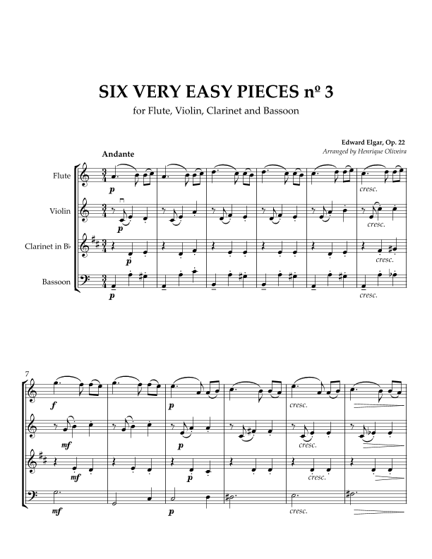 Six Very Easy Pieces nº 3 (Andante) - For Flute, Violin, Clarinet and Bassoon (arr. Henrique Oliveira)