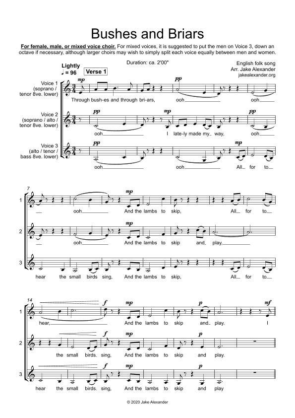 Bushes and Briars - SSA/TTB/SAT/SAB a cappella (arr. Jake Alexander)