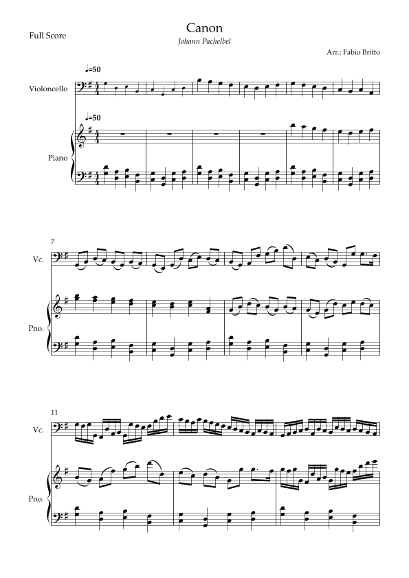Canon - Johann Pachelbel (Wedding/Reduced Version) for Cello Solo and Piano Accompaniment (arr. Fabio Britto)