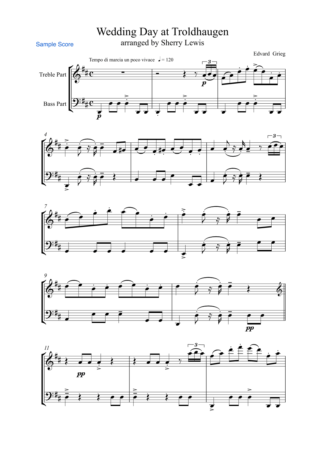 WEDDING DAY AT TROLDHAUGEN Duo of 1 Treble and 1 Bass Instrument, Intermediate Level, concert pitch (arr. Sherry Lewis)