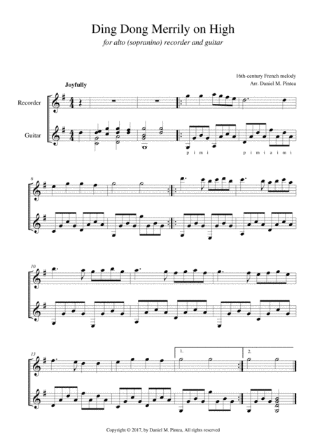 Ding Dong Merrily on High - Alto recorder and guitar (arr. Daniel M. Pintea)