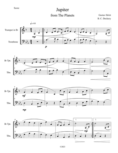 Jupiter (from The Planets) for Trumpet and Trombone Duet (arr. B. C. Dockery)