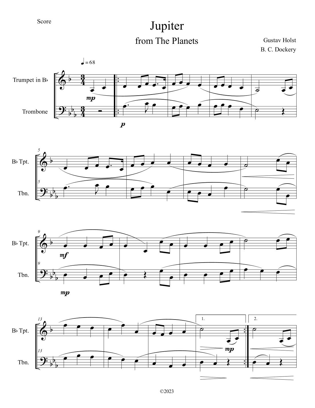 Jupiter (from The Planets) for Trumpet and Trombone Duet (arr. B. C. Dockery)