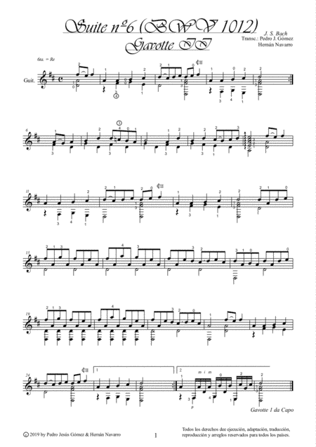 J.S. Bach Gavotte II BWV 1012-6th. suite cello guitar arr.: P.J. Gómez & H. Navarro edition (arr. Pedro Jesús Gómez & Hernán Navarro)
