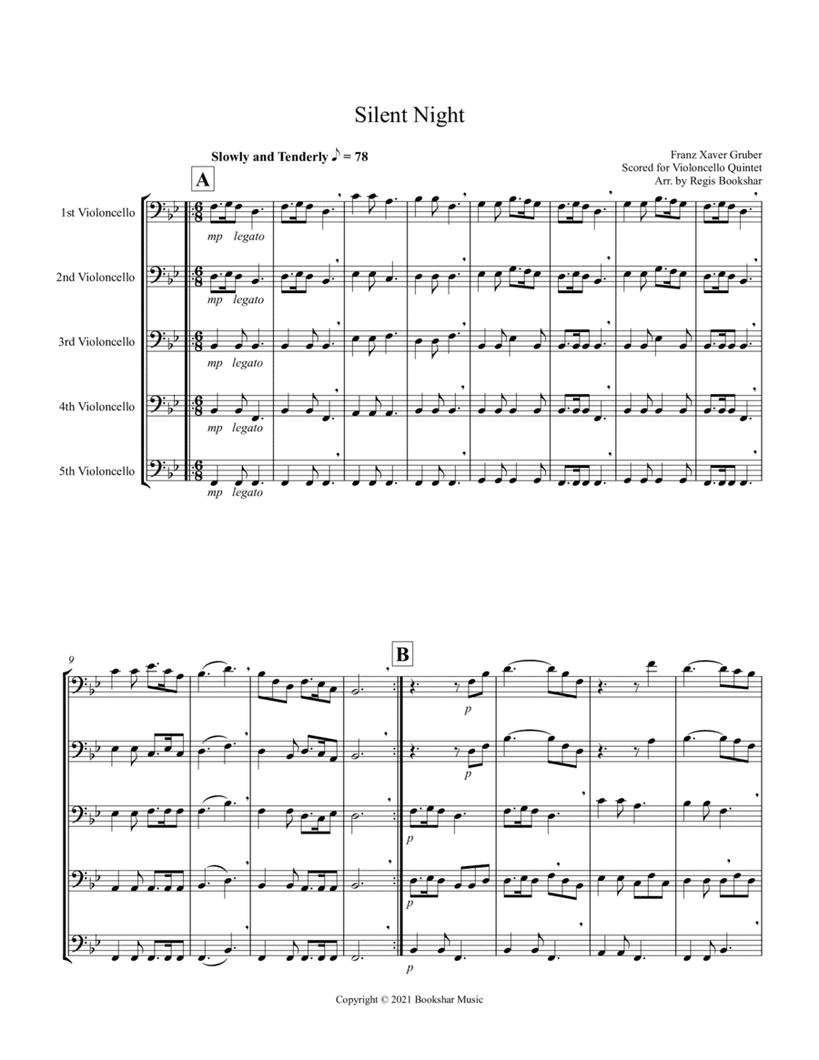 Silent Night (Bb) (Violoncello Quintet) (arr. Regis Bookshar)
