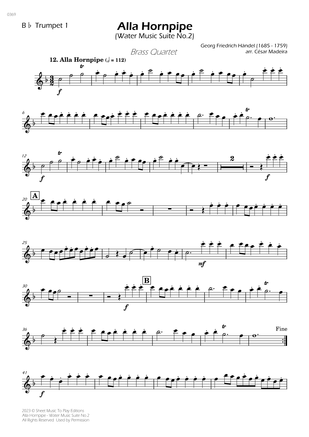 Alla Hornpipe by Handel - Brass Quartet (Individual Parts) (arr. César Madeira)