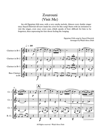 Zourouni (Arabic Song) - Clarinet Quartet (arr. Wajdi Abou Diab)