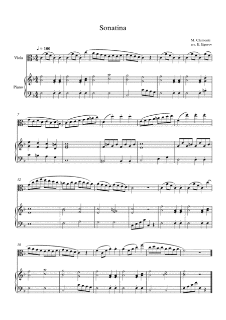 Sonatina (In C Major), Muzio Clementi, For Viola & Piano (arr. Eugene Egorov)