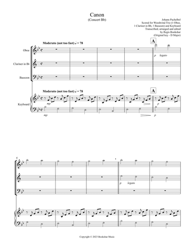 Canon (Pachelbel) (Bb) (Woodwind Trio - 1 Oboe, 1 Clar, 1 Bassoon), Keyboard) (arr. Regis Bookshar)