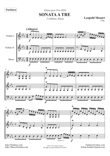 Leopold Mozart (Father): Sonata a Tre (1740) for 2 violins and basso. Full score and complete set of (arr. Zoltan Paulinyi (editor))