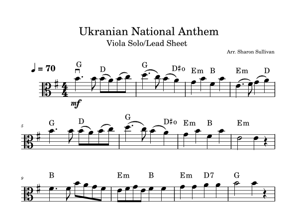 State Anthem of Ukraine/Ukrainian National Anthem- Viola solo with chord symbols (arr. Sharon Sullivan)