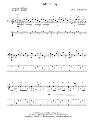 "Ode to Joy" by Beethoven for solo classical fingerstyle guitar (+ TAB) (arr. Keith W. Gehle)