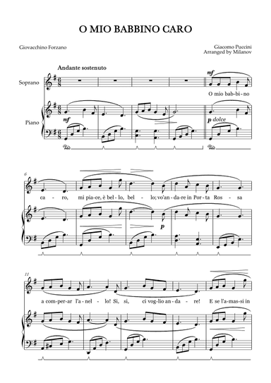 O Mio Babbino Caro | Female Voice Soprano | G Major | Piano accompaniment | Pedal (arr. Milanov)