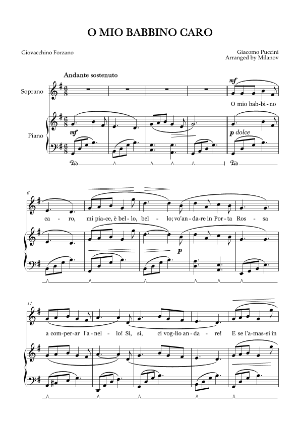 O Mio Babbino Caro | Female Voice Soprano | G Major | Piano accompaniment | Pedal (arr. Milanov)