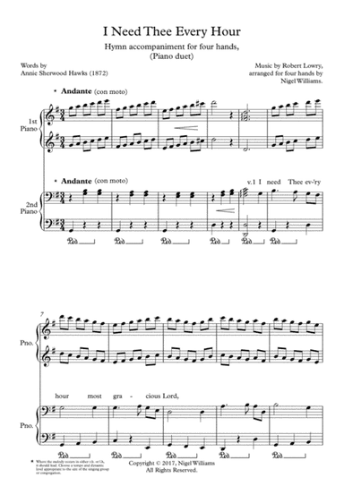 I Need Thee Every Hour, congregational hymn accompaniment for four hands (arr. Nigel Williams)