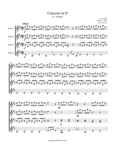 Concerto in D - iii - Allegro (Guitar Quartet) - Score and Parts (arr. Kevin Love)