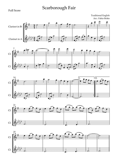 Scarborough Fair for Clarinet Bb & Clarinet in A Duo (arr. Fabio Britto)