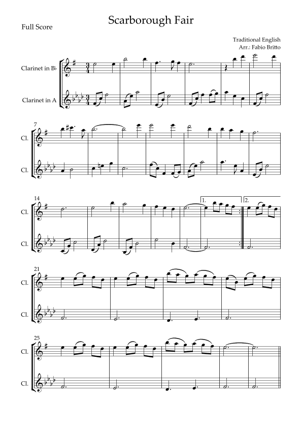 Scarborough Fair for Clarinet Bb & Clarinet in A Duo (arr. Fabio Britto)