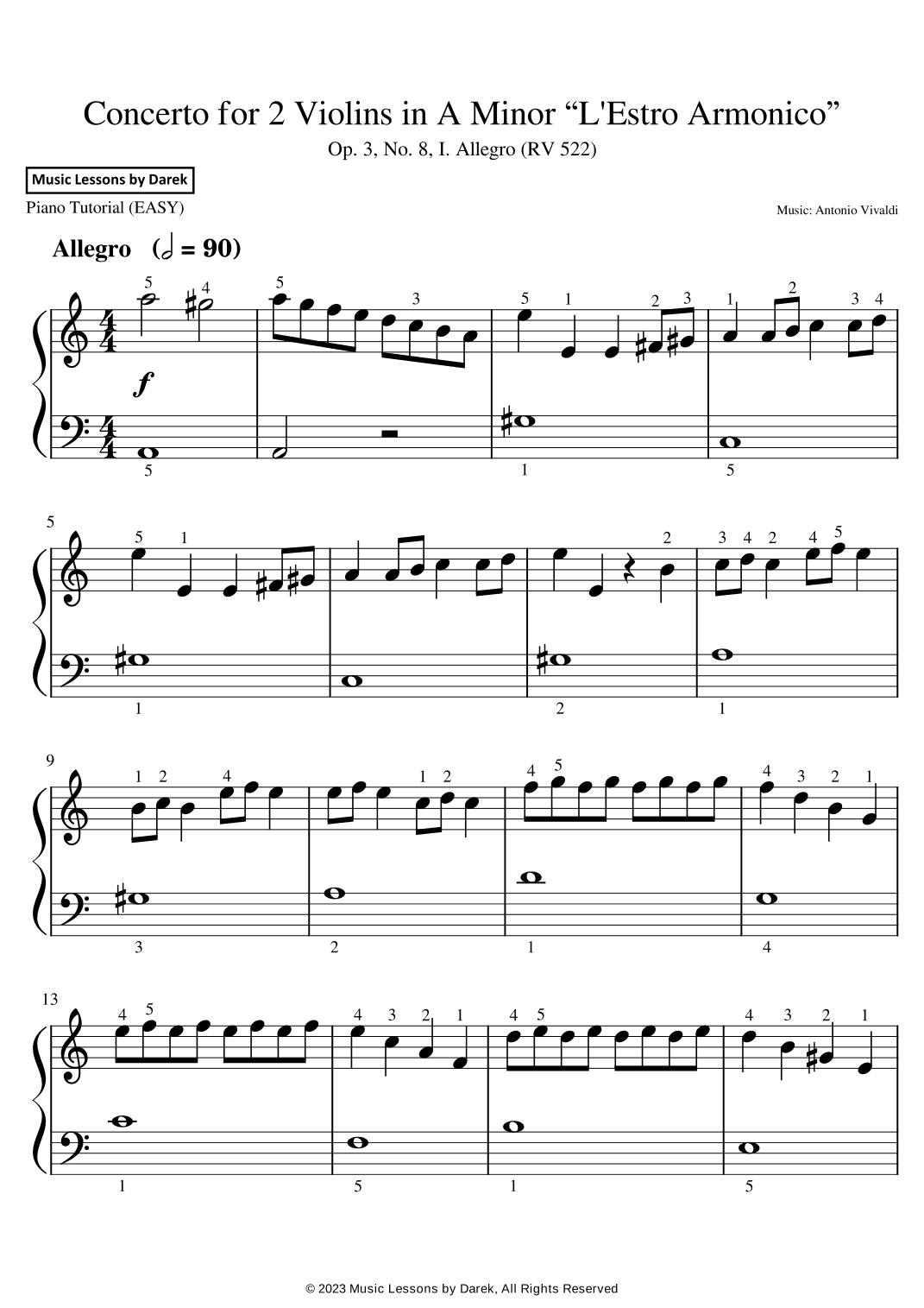 Concerto for 2 Violins in A Minor “L'Estro Armonico” (EASY PIANO) Op. 3, No. 8, I. Allegro (RV 522) (arr. Darek)