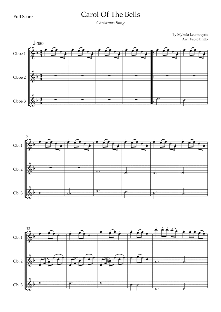 Carol Of The Bells (Christmas Song) for Oboe Trio (D Minor) (arr. Fabio Britto)