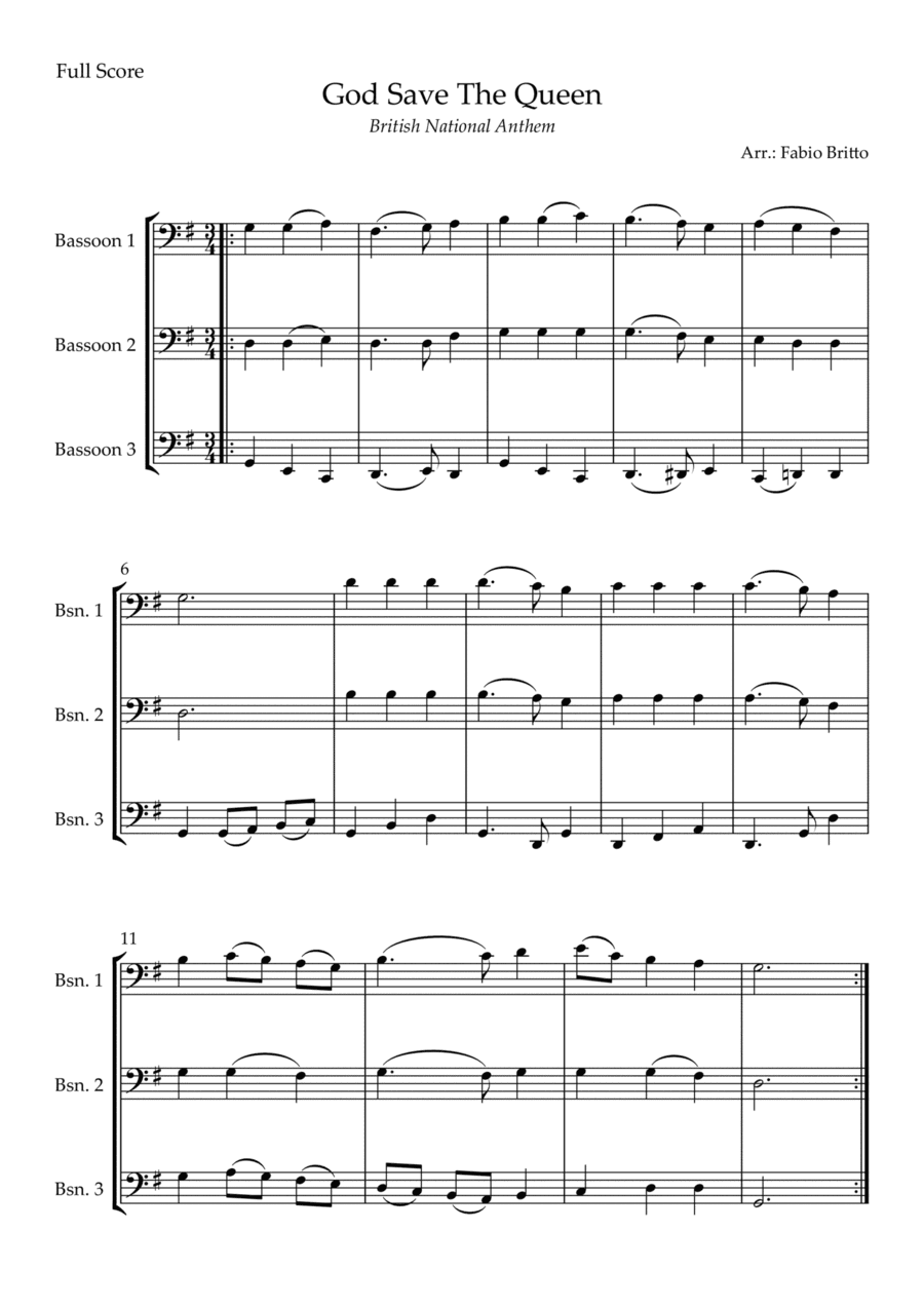 God Save The Queen (British National Anthem) for Bassoon Trio (arr. Fabio Britto)