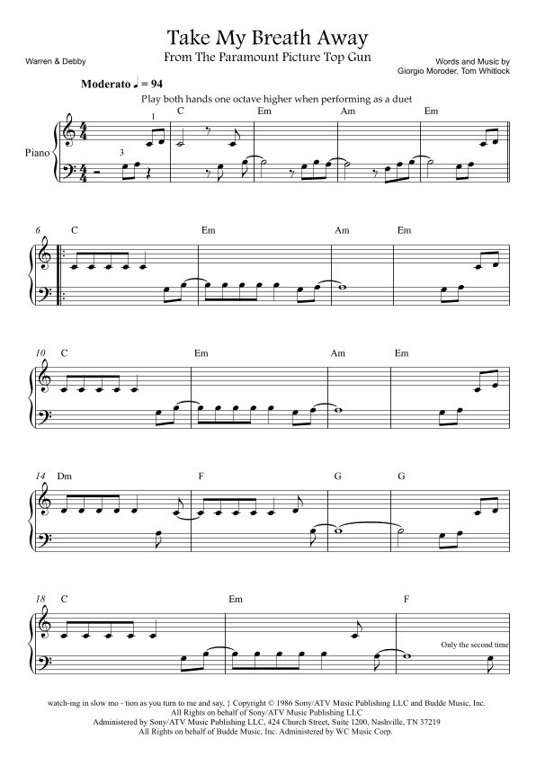 Take My Breath Away (love Theme) (arr. Warren & Debby)
