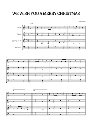 We Wish You a Merry Christmas for Woodwind Quartet • easy Christmas sheet music (arr. Benzaiten Editions)