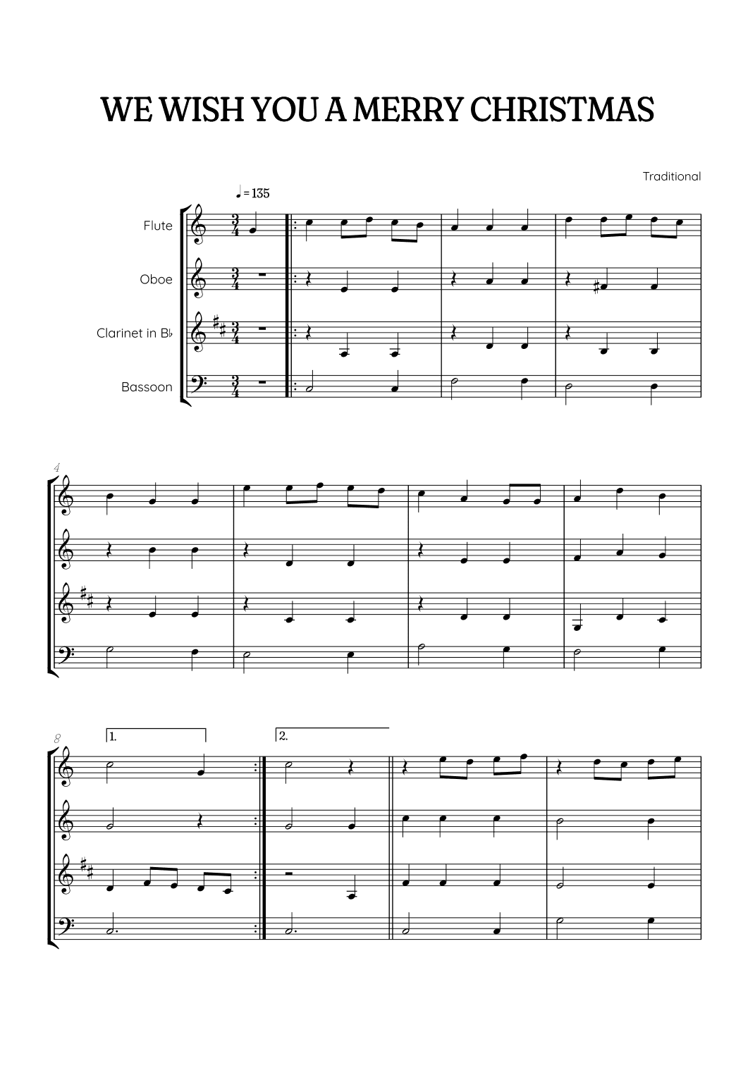 We Wish You a Merry Christmas for Woodwind Quartet • easy Christmas sheet music (arr. Benzaiten Editions)