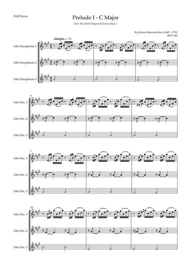 Prelude 1 in C Major BWV 846 (from Well-Tempered Clavier Book 1) for Alto Saxophone Trio (arr. Fabio Britto)