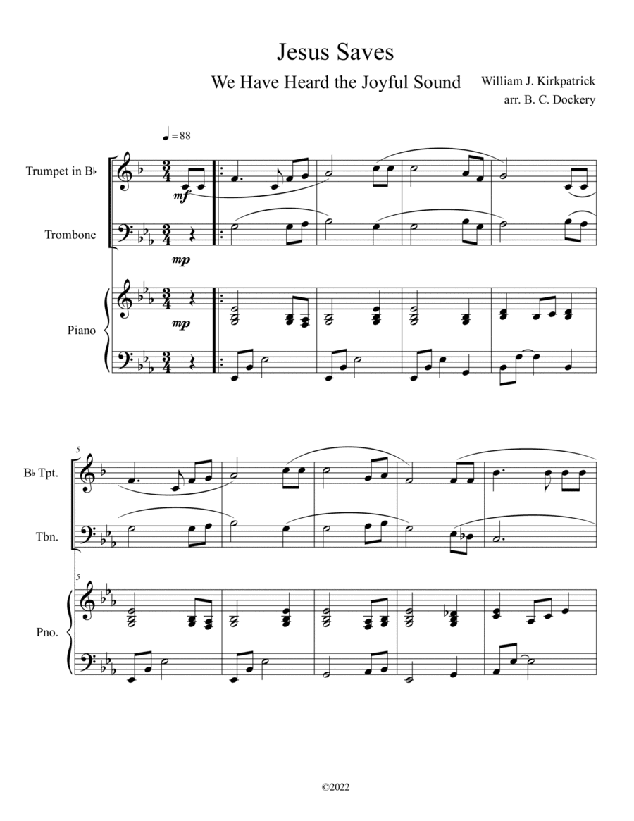 Jesus Saves (We Have Heard the Joyful Sound) Trumpet and Trombone Duet with Piano (arr. B. C. Dockery)
