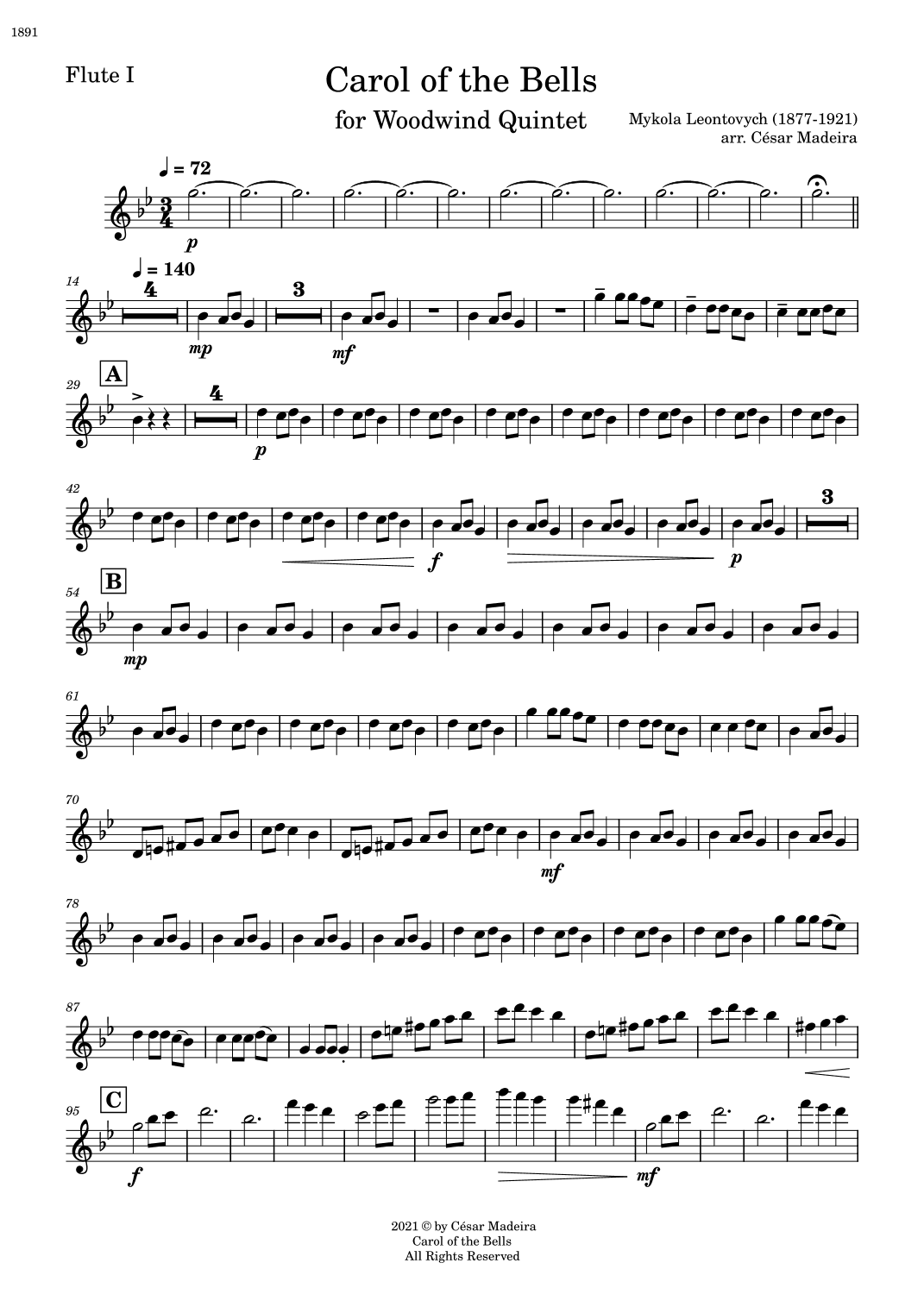 Carol Of The Bells - Woodwind Quintet (Individual Parts) (arr. César Madeira)
