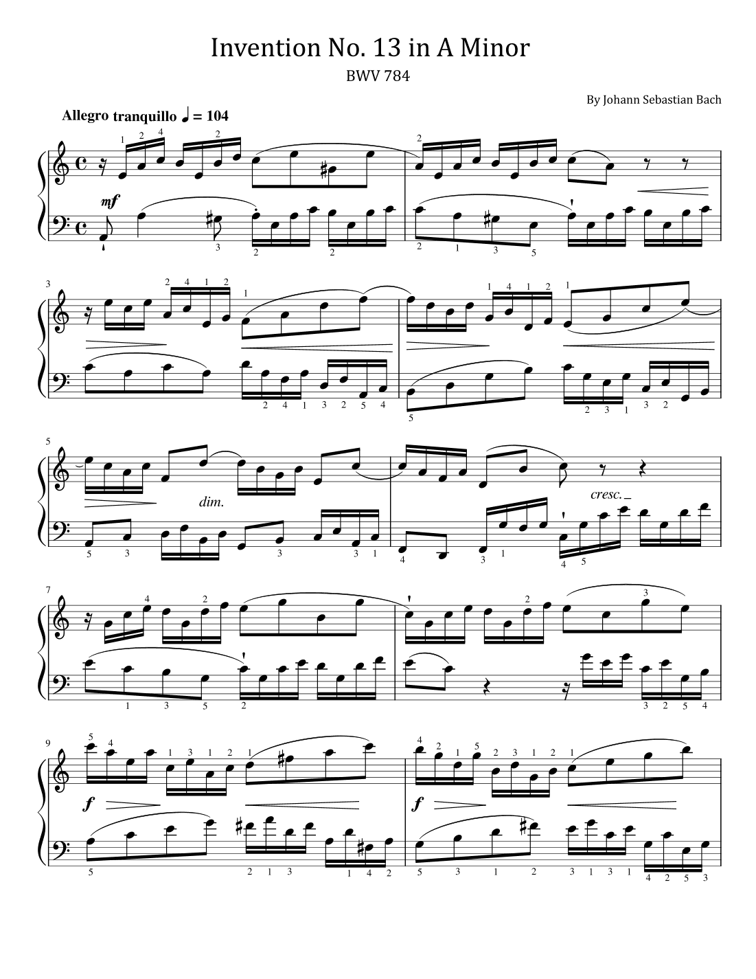 Bach - Invention No. 13 in A Minor, BWV 784 - Original With Fingered (arr. poon)