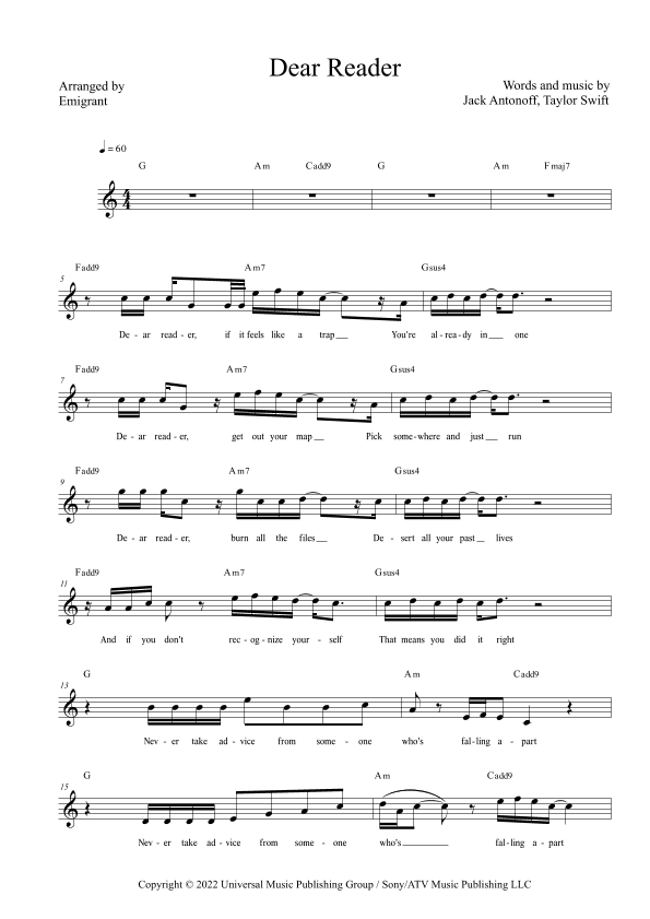 Dear Reader (arr. Emigrant)