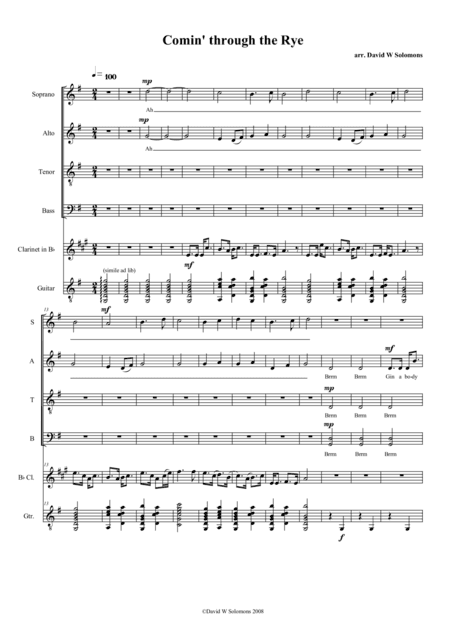 Comin' through the Rye for choir, clarinet and guitar (arr. David Warin Solomons)