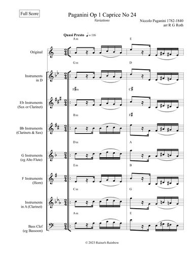 Paganini Op 1 Caprice No 24 Variations For Any Instrument (arr. R G Roth)