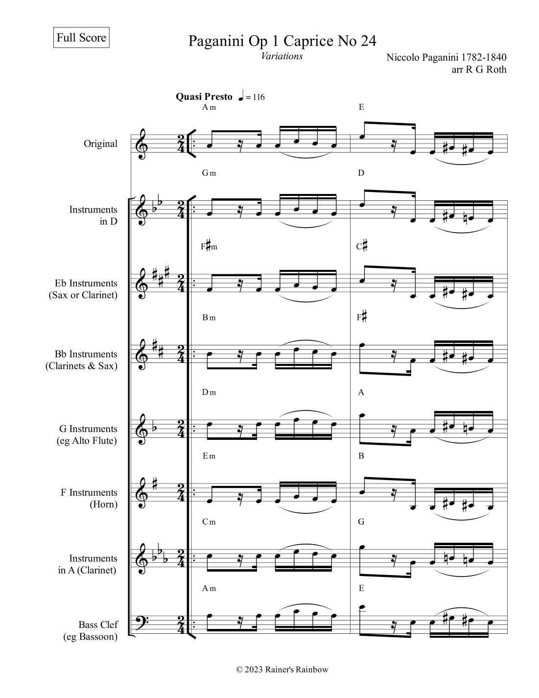 Paganini Op 1 Caprice No 24 Variations For Any Instrument (arr. R G Roth)