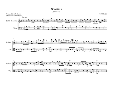 Sonatina HWV 585 for Alto Recorder & Viola Duet (arr. J.W. Carter)