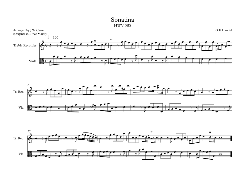 Sonatina HWV 585 for Alto Recorder & Viola Duet (arr. J.W. Carter)
