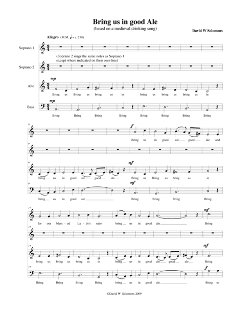 Bring us in good ale SSAB version (mixed voices) (arr. David Warin Solomons)