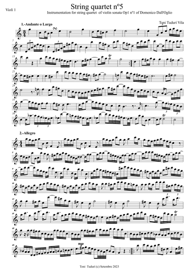 String quartet nº 5 in C Major (nstrumentation of Violin sonata Op1 nº1 - Domenico dall'Oglio) (arr. Antonio Tudurí VIla)