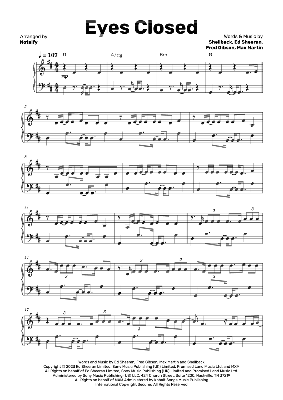 Eyes Closed (arr. Noteify)