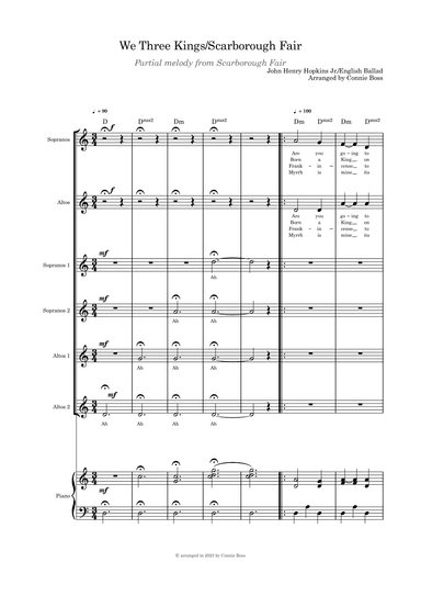 We Three Kings/Scarborough Fair combo SA duet, SSAA choir and piano (arr. Connie Boss)