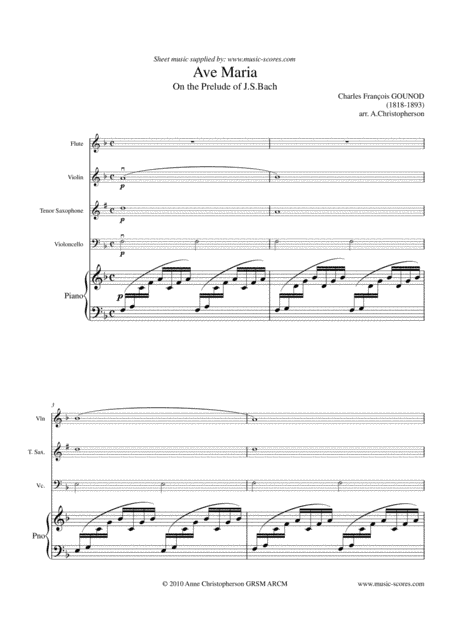 Ave Maria - Flute, Violin, Tenor Saxophone, Cello and Piano (Fma) (arr. Anne Christopherson GRSM ARCM)