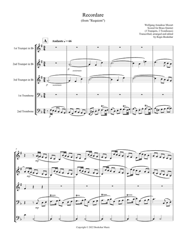 Recordare (from "Requiem") (F) (Brass Quintet - 3 Trp, 2 Trb) (arr. Regis Bookshar)