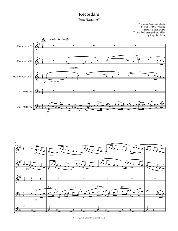 Recordare (from "Requiem") (F) (Brass Quintet - 3 Trp, 2 Trb) (arr. Regis Bookshar)