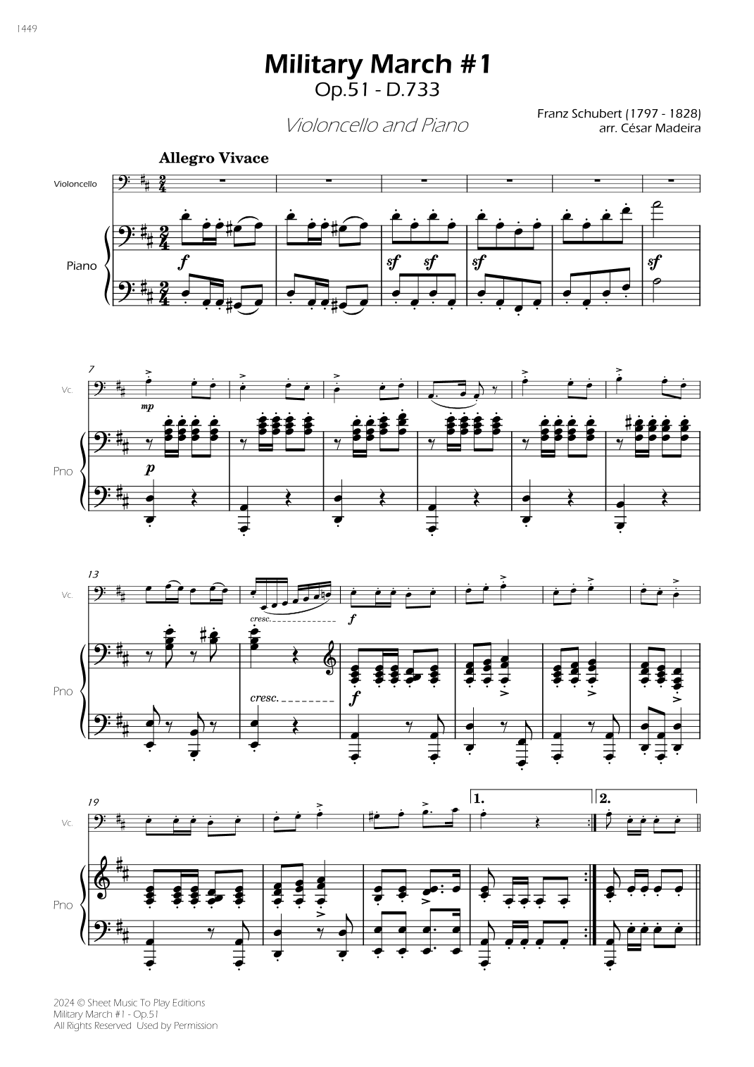 Military March No.1, Op.51 - Cello and Piano (Full Score) (arr. César Madeira)