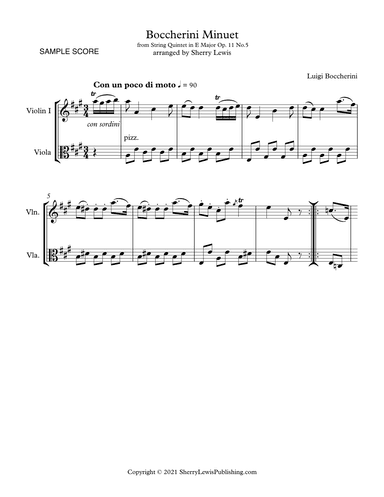 MINUET BY BOCCHERINI  DUET FOR VIOLIN AND VIOLA, Intermediate Level (arr. Sherry Lewis)