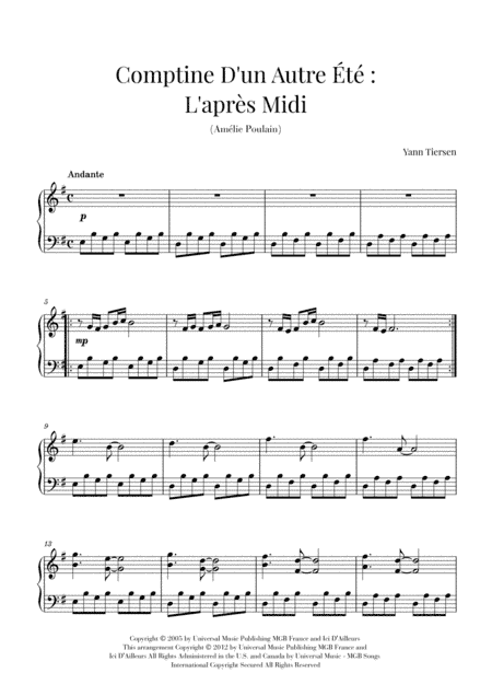 Comptine D'un Autre Été: L'après-midi (arr. Cadenza Editions)