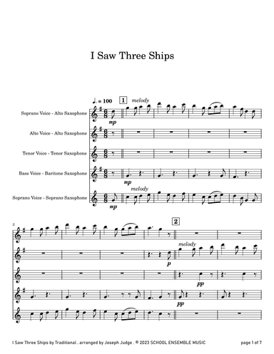 I Saw Three Ships for Saxophone Quartet in Schools (arr. Joseph Judge)
