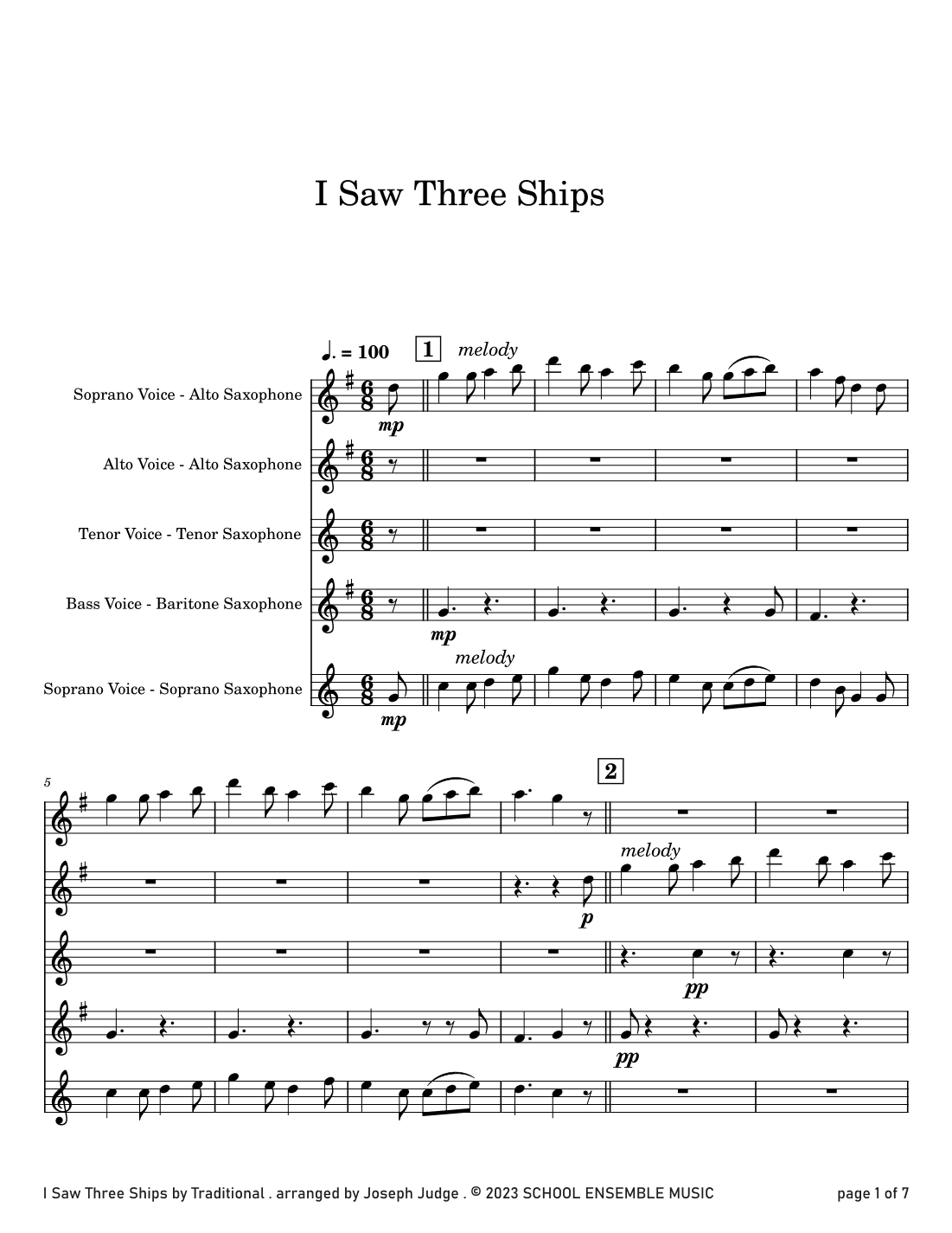I Saw Three Ships for Saxophone Quartet in Schools (arr. Joseph Judge)